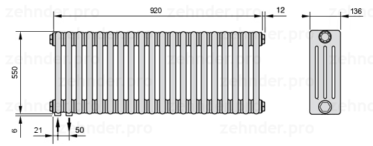 Схема (чертеж) Радиатор Zehnder Charleston 4055/20 №3370 Белый глянцевый RAL 9016